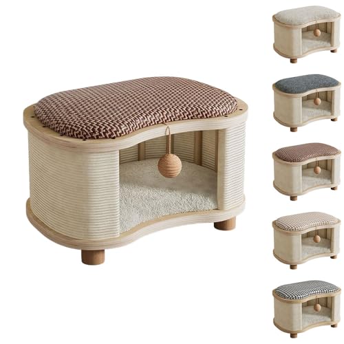 Aoccqkf【耐荷重150kg&天然木製フレーム】 猫ベッド 猫ハウス 多機能スツール おしゃれ 猫用家具 隠れ家 安定感 静音設計 滑り止め付き 爪とぎ対応 取り外し可カバー 冬夏兼用 猫用休憩スペース (カーキ,小さい)