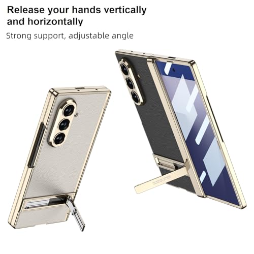 Image of Midkart Magnetic Case Compatible with Samsung Galaxy Z Fold 7 Release 2025 Hinge Protection Leather Cover with Stand Electroplated Camera Protection, Fiber Black & Gold
