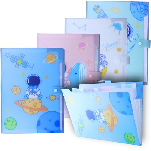 Image of SPS A4 Expanding File Folder - Pack of 4 | Space Theme | 5 Pockets | Pastel Colors - Blue, White, Green, Pink | Snap Button Closure | Fits A4 & Letter Size | Fun & Kid-Friendly