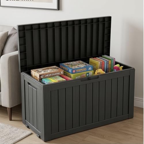 Image of The Artment Black StorraDeck 227 Ltr Wood Panel- Waterproof, UV-Resistant Resin Deck Box with Lockable Lid for Indoor & Outdoor Multipurpose Use | Durable Storage Box for Balcony, Hall, Garden & Patio