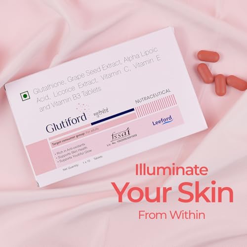 Image of Glutiford Tablets with Glutathione, Grape Seed, Vitamin C & E For Skin Glow, Hydration & Radiance | Daily Skin Nutrition & Antioxidant Support for Smoother, Even-Looking (Pack of 3, 10Tab Each)