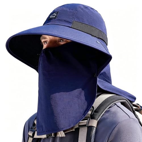 Image of Rosoz Outdoor Sun Hat for Men Women, UPF50+ Protection Safari Cap Wide Brim Mesh Fishing Hat with Neck Flap Beach Garden