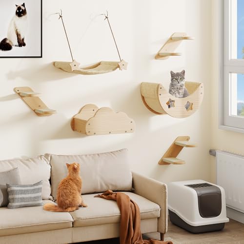 YITAHOME Katzen Kletterwand, Kletterwand Katzen Set aus Massivholz, 6-Teiliges Stabiler Katzenmöbel mit 3 Katzentreppe, 2 Katzenbett, 1...