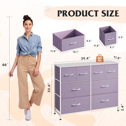 Image of WLIVE Dresser for Bedroom with 8 Drawers, Wide Fabric Dresser for Storage and Organization, Bedroom Dressers, Chest of Drawers for Living Room, Closet, Hallway, Purple