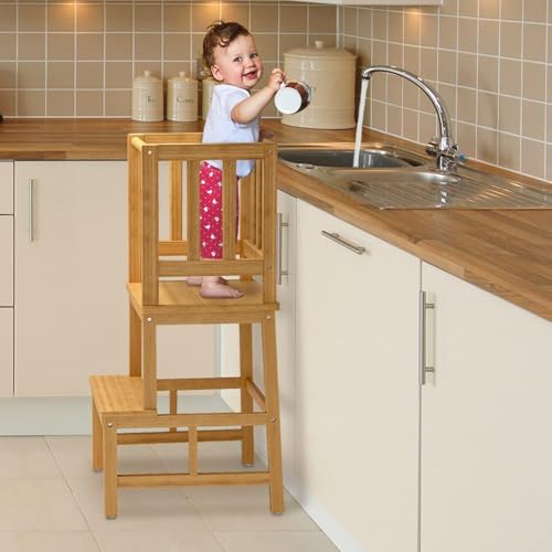 Foto von COSYLAND Lernturm Aktualisierter Schemel aus Bambus mit Sicherheitsschiene, Lernstuhl mit rutschfeste Matte für Kleinkinder 18 Monate bis 3 Jahre alt für Küche- Badezimmer-Counterlernen