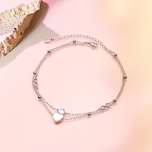Image of Flyow Anklet for Women S925 Sterling Silver Adjustable Foot Beaded Heart Charm Ankle Bracelet Anklets Jewelry