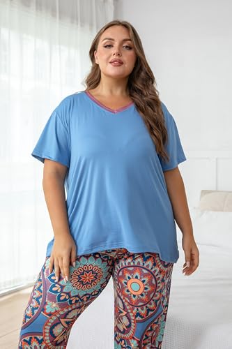 Image of Vozanet Women's Pajama Sets Short Sleeve with Long Pant Soft Sleepwear Printed pj Loungewear With TWO Pockets Size 1X to 5X