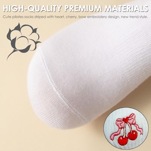 Pilates Socks with Grips for Women Yoga Grippy Socks Cute Heart Cherry Bow Pattern Barre Non Skid Athletic Crew Sticky Sock Gym Fitness Hospital White Sock3