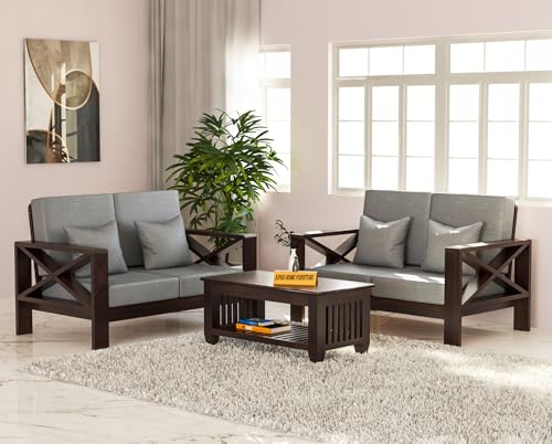 Image of Sheesham Wooden 4 Seater Sofa for Living Room | Rosewood 4 Seater Cushion Sofa X-Legs | Solid Wood Sofa Set for Lounge (2+2,Walnut Finish)