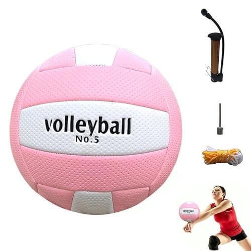 Volleyball, Größe 5, weiche Volleybälle aus PU-Leder für drinnen und draußen, Freizeit-Volleybälle mit Pumpe, Netztasche und Ballnadel für drinnen und draußen, Strand, Pool, Wasser, Sand (Pink)