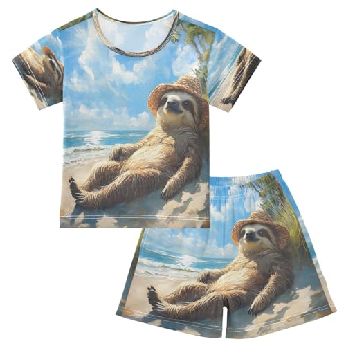 ALAZA Sloth Sky Ocean Sea Pajamas Set Short Sleeve Cotton Sleepwear Summer Pjs 2 Piece 5-14Y
