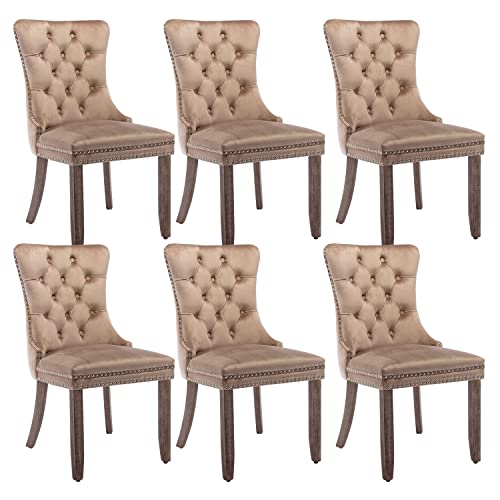 Image of Virabit Velvet Dining Chairs Set - Tufted Upholstered Chairs with Nailhead Back and Ring Pull Trim, Solid Wood for Kitchen /Bedroom /Dining Room (Khaki)