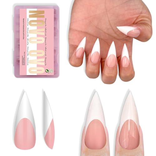 NOVO OVO White French Tip Sharp Stiletto Pointed Medium Long Nail Tips Press on Baby Pink Soft Gel Fake Acrylic Extension Full Cover False Nails for Salon DIY x 16 Sizes 160 pcs