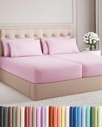Image of Split King 7 Piece Bed Sheet Set - Comfy, Breathable & Cooling - Light Pink | Ultra-Soft Hotel Luxury Bedding Set w / 8-16 Inch Deep Pockets, 1 Flat & 2 Fitted Sheet & 4 Pillowcases, Wrinkle & Fade Free