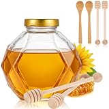 Acellegic 24 oz Honey Pot with Dipper Spoon and Metal Lid, Glass Honey Container Dispenser Mason Jar for Kitchen Syrup Storage, Take Home Gift and Bee Decorations