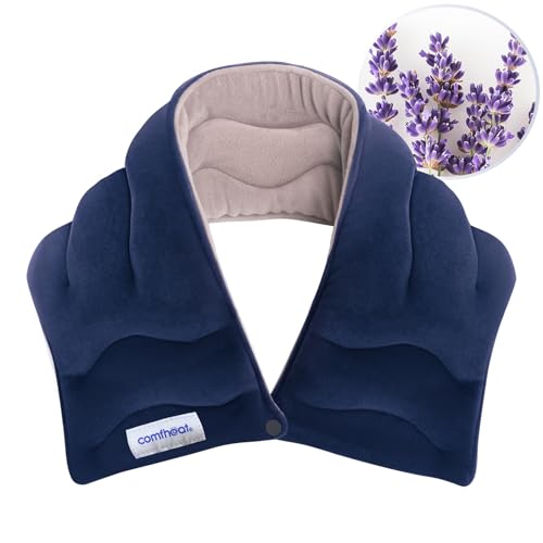 Comfheat Neck Heating Pad Microwavable for Pain Relief, Moist Hot Compress Microwave Neck Warmer Wrap FSA Eligible HSA for Sore Muscles Relief, Lavender Aroma, 25 x 5.7 Inches, Blue