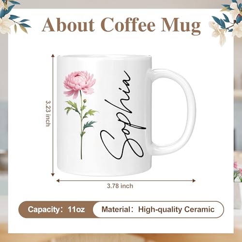Elemtansy Custom Coffee Mug, 11oz Ceramic Coffee Cup with Photo Text & Birth Flower, Personalized Christmas Mom Sister Coworker Gifts for Women (Flower & Name) #2