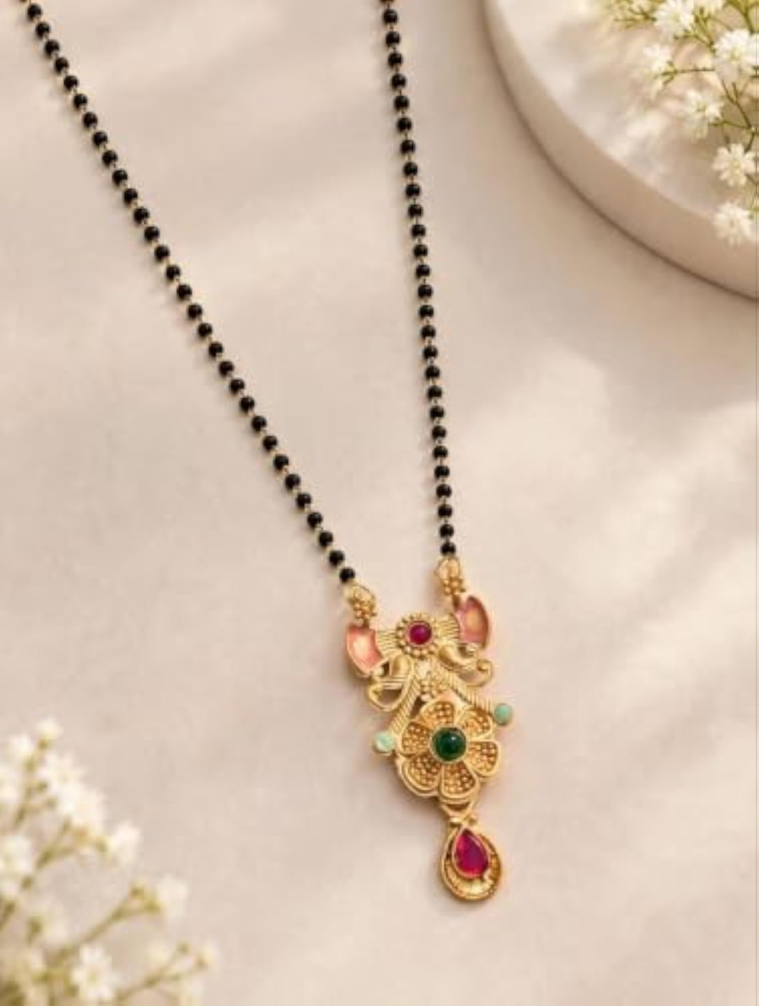Women's Stylish Traditional Black Bead Mangalsutra with Pink Green and Red Stone Pendant