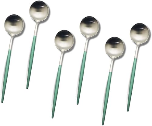 JASHII Juego de 6 cucharaditas verdes y plateadas, mezcla de acero inoxidable 304 mate, azúcar, cucharas de café, diseño moderno, apto para