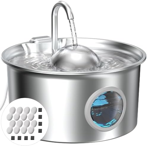 Trinkbrunnen für Katze Edelstahl Katzen Wasserbrunnen: Katzenbrunnen für Katzen Automatic - 2.6L Katzentrinkbrunnen mit Wasserstandsfenster - Trinkbrunnen Katze mit 8 Kohlefilters