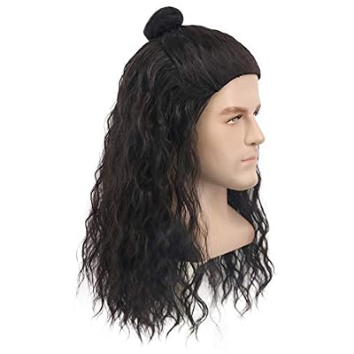 yuehong Long Wavy Mens Black Bun Style Wig Rock Mullet Star Cosplay Costume Hair Heat Resistant Synthetic Fibers Fluffy Durable Breathable Wig