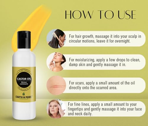 Image of Earth N Pure Castor Oil (Arandi Oil) Cold Pressed, Natural, Therapeutic Grade for Hair Growth, Nails, Eyelash 100 ml