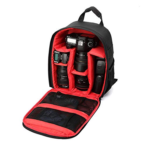 Mochila Fotográfica Impermeável Compacta para Câmeras DSLR e Mirrorless - Cor Preta e Vermelha