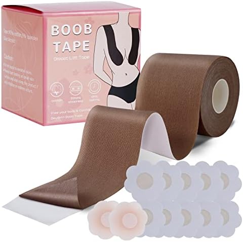 URTAPE Bob Tape for Large Breasts, Adhesive Bra Tape for Breast Lifting, Sweat Proof Push Up Breast Tape Kit 2 Breast Petals 10 Nipple Pasties Brown