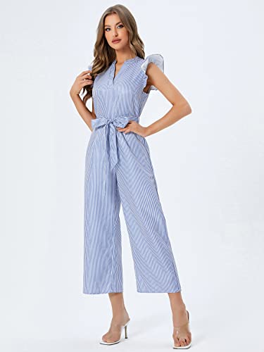 Wdirara Women's Layered Ruffle Cap Sleeve Notched V Neck Belted Jumpsuit Pants Blue Striped Xl #TOP3