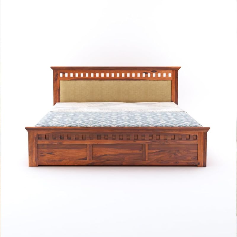 Image of Amazon Brand - Solimo Solid Sheesham Wood Kuber Queen Size Upholstered Bed with Box Storage + 2 Bedside | Wooden Queen Size Cot Bed | Double Bed with 2 Bedside Table for Bedroom (Honey Finish)