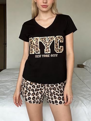 Image of VENTELAN Pajama Set For Women Cute PJS Summer Short Sleeve Shorts Sleepwear