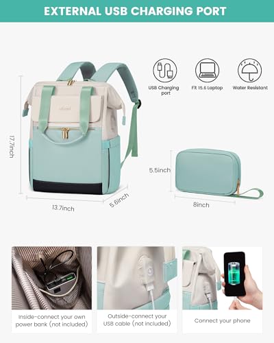 Image of LOVEVOOK Laptop Backpack for Women, 15.6 Inch Work Laptop Bag with USB Port, Fashion Teacher Nurse Backpack Purse, Waterproof Travel Computer Backpack with Organizer Bag, 2PCS, Beige-Mint Green