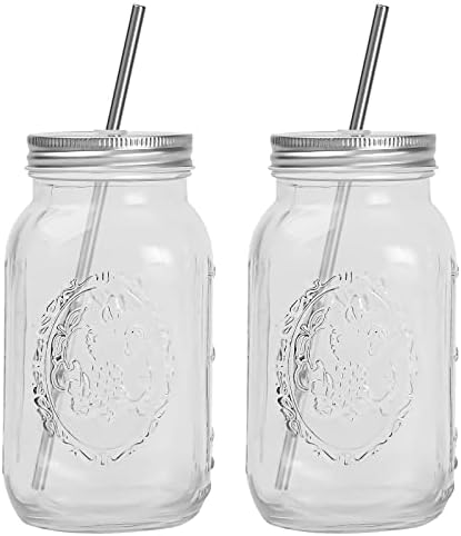 Smoothie Cups, Glass Mason Drinking Jar, 24oz Smoothie Cups with Lid and Stainless Steel Straw, Regular Mouth Mason Jars, Drinking Mugs, Tea Cup Travel Mug, Ideal for Juice, Milk (Pack Of 2, Clear)