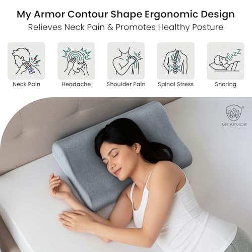 Image of MYARMOR Cool Gel Cervical Pillow for Neck Pain | Contour Design for Neck & Shoulder Pain Relief | Dual Height Ergonomic Support | 18 x 11 x 3.5 Inch | 2 Years Warranty | Grey Velvet Cover - Pack of 1