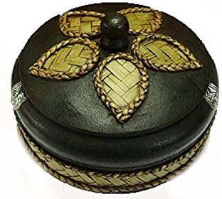 Ashtray Thai Carved Handicraft Round Mango Wood with Elephant Silver Plated and Covered by Bamboo with Lid Wooden Ashtray
