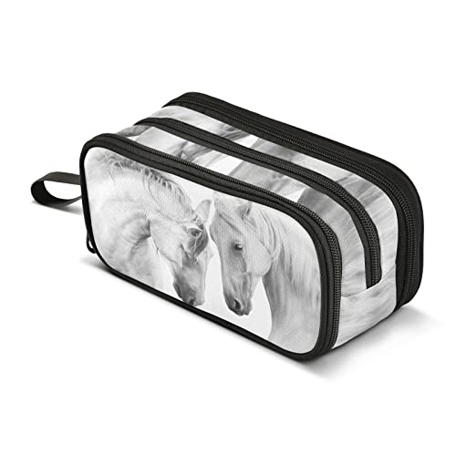 CHIFIGNO Trousse à crayons haute capacité pour couple de chevaux blancs pour filles, garçons, enfants, fournitures scolaires, pochette à fermeture éclair, organisateur de bureau, trousse de maquillage