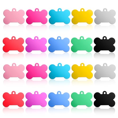 Classicseali 20 Stück Hundemarke Knochen,Metall Erkennungsmarken Rohlinge,Doppelseitige Personalisierte Hunde Marke für ID-Tags,Katzennamen,DIY-Dekorationszubehör,10 Farben