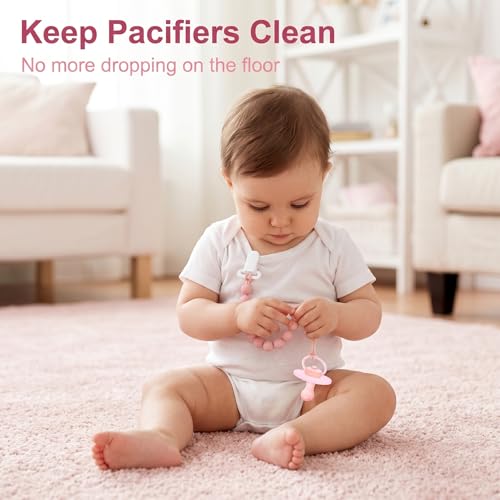 Image of MINMUNJIU Pacifier Clips Baby Girl, 4 Pack One Piece Flexible Soft Binky Clips Silicone Pacifier Holder Clip for Girls, Baby Girl Newborn Essentials