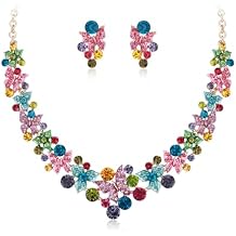EleQueen Womens Wedding Bridal Statement Crystal Necklace Earrings Set for Brides Bridesmaid, Butterfly Leaf Jewelry for Prom Party