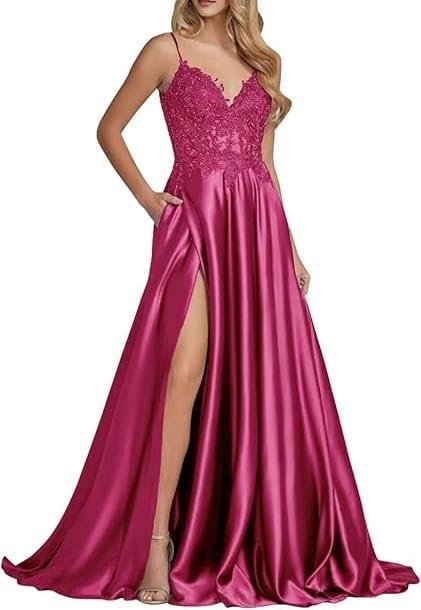 Women's Satin Prom Dress Lace Applique Bridesmaid Long Gowns Spaghetti Straps with Slit Formal Evening Party Dress