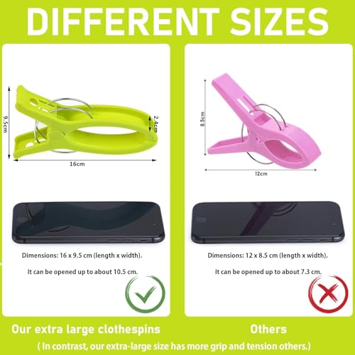 TOKERD 10 Stück Extra Groß Strandtuchklammern XXL Wäscheklammern Strandtuch Clips Kunststoff Klammern Jumbo Größe Handtuch Klammern für Strand Pool Tägliche Wäsche, Schwere Badetuch
