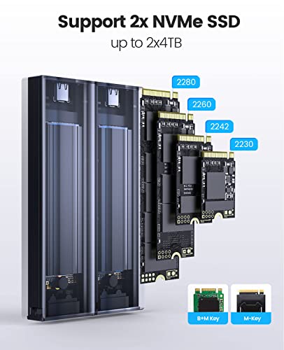 Image of ORICO Dual M.2 NVMe SSD Enclosure, USB C to M2 Adapter for M Key PCIe 2230 /2242 /2260 /2280 M.2 SSDs,Tool-Free Installation Aluminum M.2 Reader Support Trim and UASP up to 2x4TB-BM2-2N