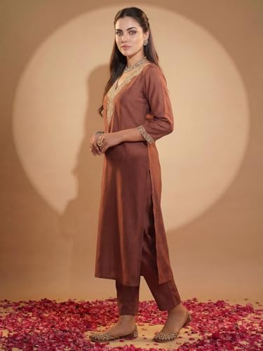 Image of INDO ERA Women's Silk Blend Embroidered Zari Work Straight Kurta & Pant Set | Cord Set For Women