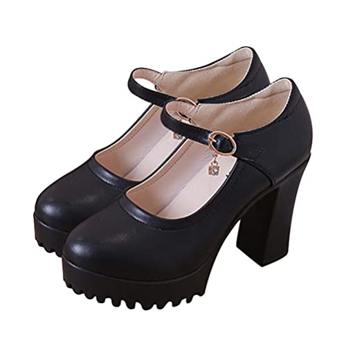 Women Chunky Platform Jane Shoes Retro Buckle Strap Round Toe Flats Shallow Mouth Japanese Sweet Lolita Princess Shoes Black
