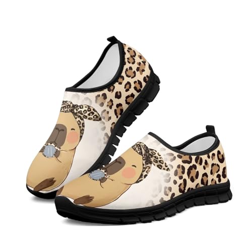 Chririnla Leopard Capybara Low Top Sneakers Mesh Loafers for Women Round Toe Comfort Shoes Soft Sneaker with Arch Support Slip On Running Athletic Shoes for Every Season US 10.5