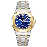 celegance Orologio quadrato da uomo, in acciaio inox, impermeabile, luminoso, con data, al quarzo, alla moda, di lusso, con kit di regolazione del cinturino incluso, Dorato Blu, Bracciale