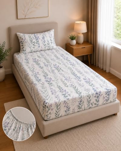 Image of la' amour Single Fitted Bedsheet with 1 Pillow Cover, Soft Breathable Elastic Bed Sheet for Single Bed, Premium Printed Bedsheet with All Around Elastic - 36 x 72 + 6 Inches, White and Grey Leaf