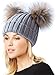 Produktbild feifanshop Damen Wintermützen Strickmütze Echtfell Waschbär Fell Pelz Bommel Mütze Bommelmütze Beanie Warme Cap Grau