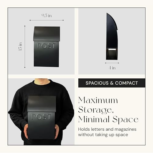 NACH Mailboxes for Outside Wall Mount, 15 x 10 x 4 inches, Black Wall Mounted Mailbox and Newspaper Holder, Waterproof Mailbox for Door - The Milano Mailbox