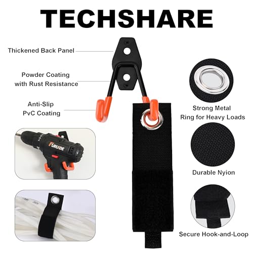 TECHSHARE Wandhaken Garage, 14 Stück Garagenhaken Wandhaken, 4 Verschiedene Größen, Schwerlasthaken für Gartengeräte, Werkstatt, Leiter, Garagenorganisation(Orange)